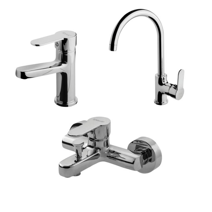 Newarc Domino Krom Lavabo-Banyo-Eviye Bataryası 3'lü Set 971521-971511-971531 - 1