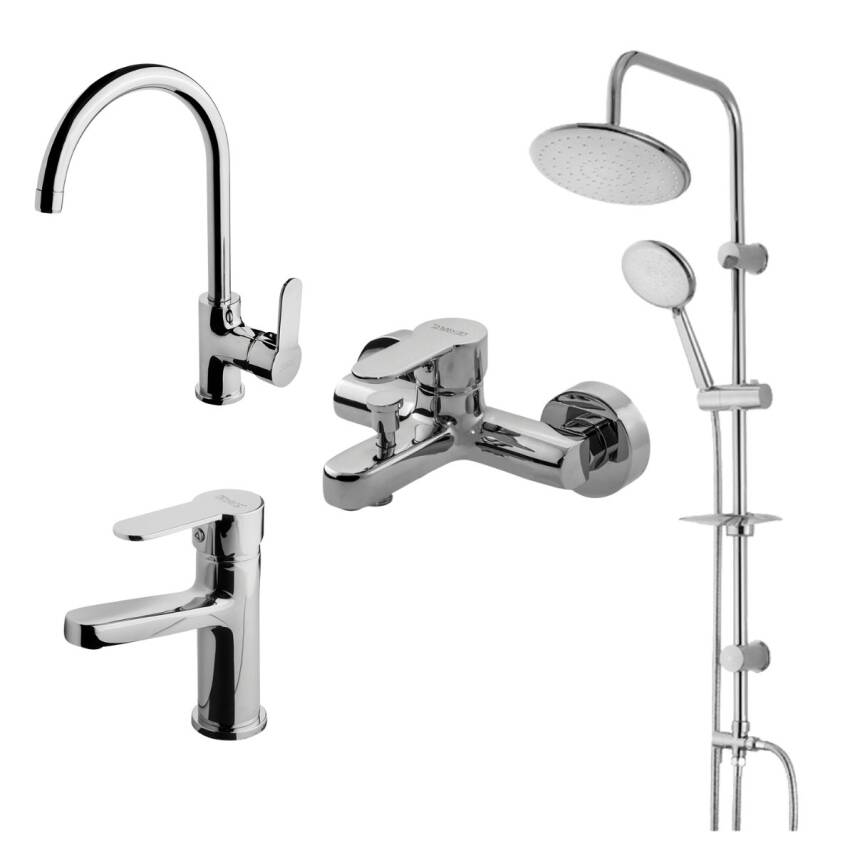 Newarc Domino Krom Lavabo-Banyo-Eviye Bataryası ve Duş Ünitesi 4'lü Set 971521-971511-971531-440615 - 1