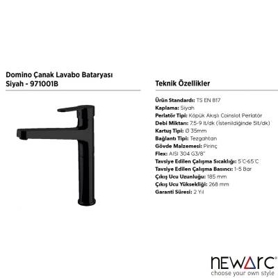 Newarc Domino Siyah Çanak Tipi Lavabo Bataryası 971001B - 3