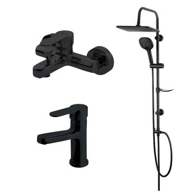 Newarc Domino Siyah Lavabo-Banyo Bataryası ve Bold Duş Ünitesi 3'lü Set 971521B-971511B-910530B
