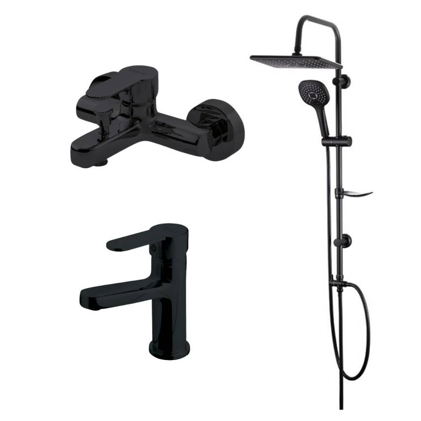 Newarc Domino Siyah Lavabo-Banyo Bataryası ve Bold Duş Ünitesi 3'lü Set 971521B-971511B-910530B - 1