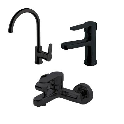 Newarc Domino Siyah Lavabo-Banyo-Eviye Bataryası 3'lü Set 971521B-971511B-971531B