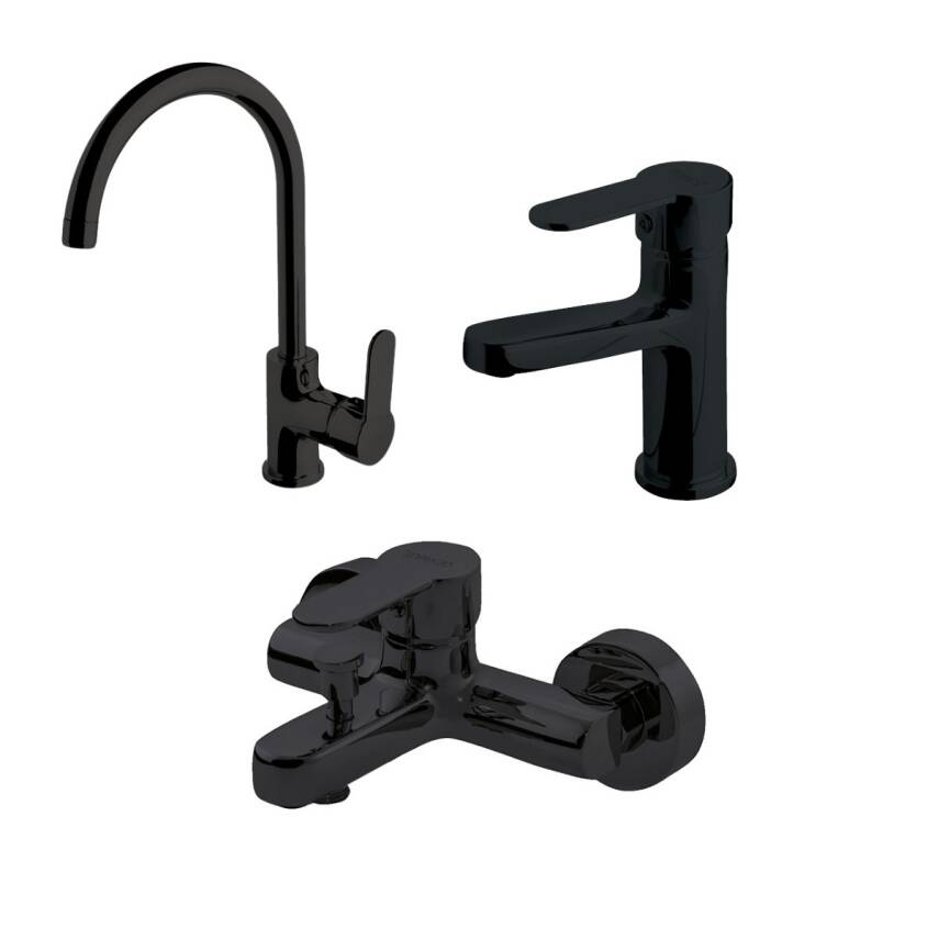 Newarc Domino Siyah Lavabo-Banyo-Eviye Bataryası 3'lü Set 971521B-971511B-971531B - 1