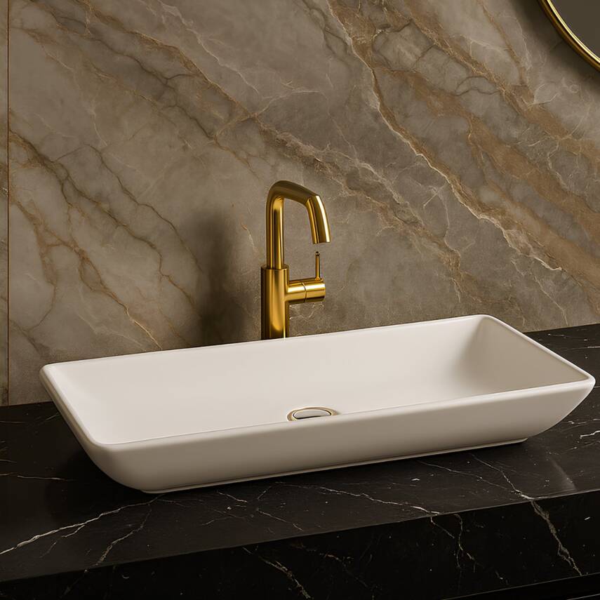 Newarc Domino Tezgâh Üstü Batarya Deliksiz Beyaz Lavabo 68x38 Cm 5019 (DOM.L070) - 1