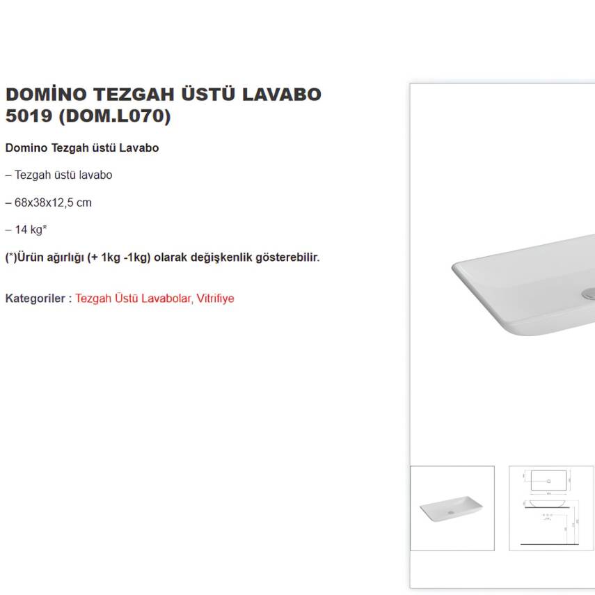Newarc Domino Tezgâh Üstü Batarya Deliksiz Beyaz Lavabo 68x38 Cm 5019 (DOM.L070) - 6