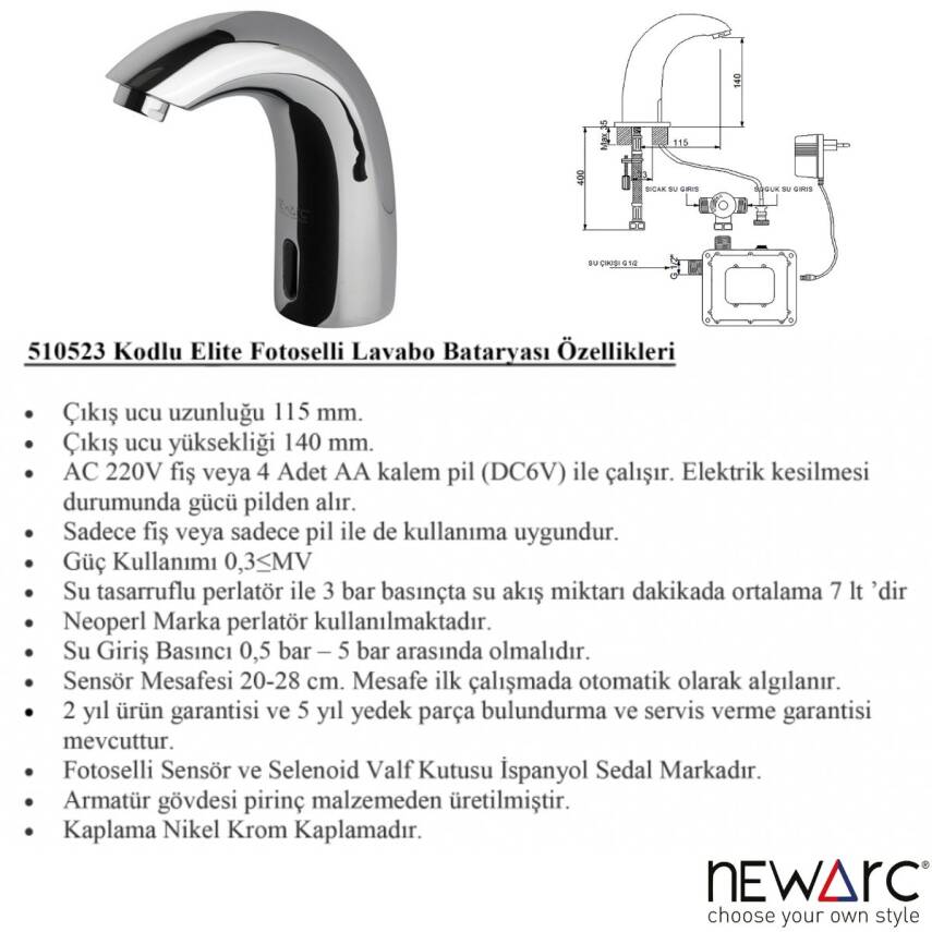 Newarc Elite Fotoselli Krom Lavabo Bataryası 510523 - 3
