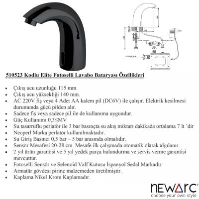 Newarc Elite Fotoselli Siyah Lavabo Bataryası 510523B - 3