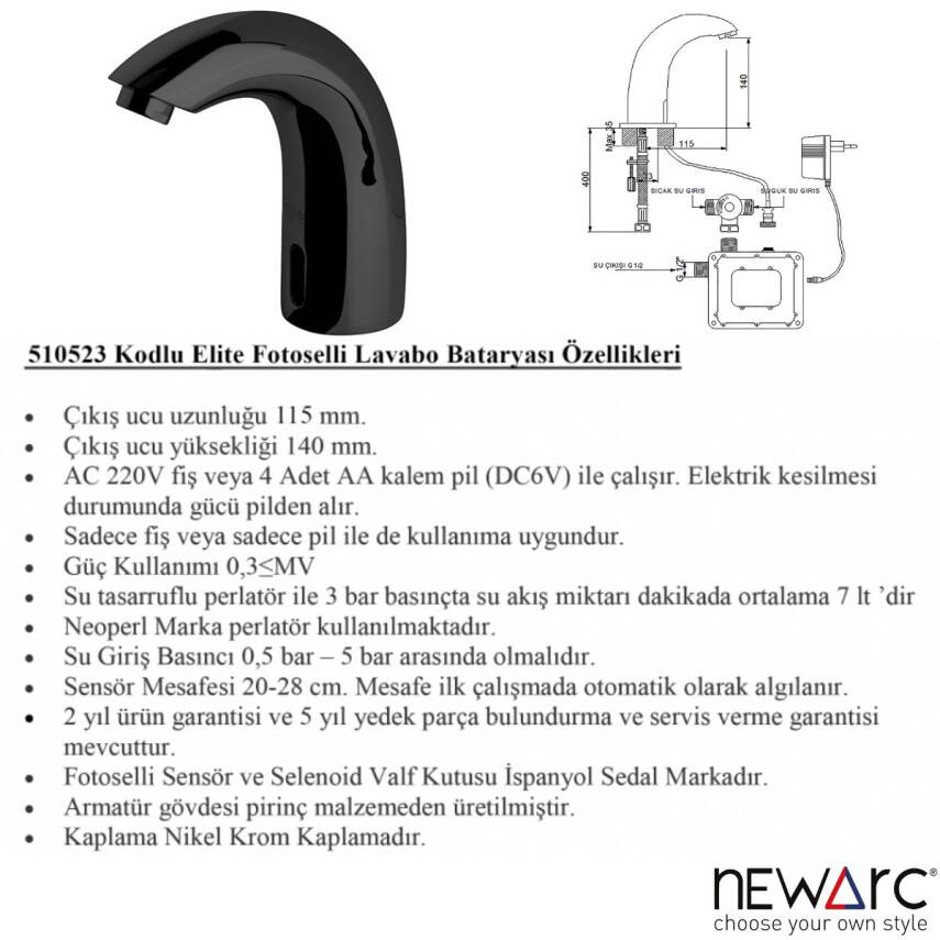 Newarc Elite Fotoselli Siyah Lavabo Bataryası 510523B - 3