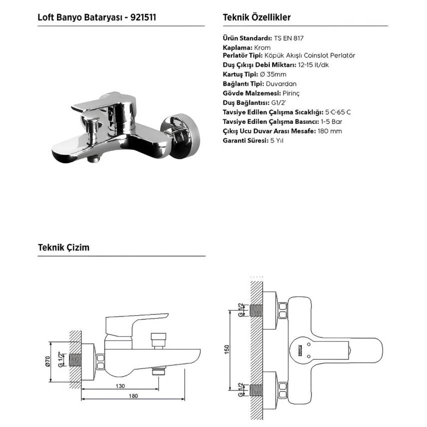 Newarc Loft Krom Banyo Bataryası 921511 - 2