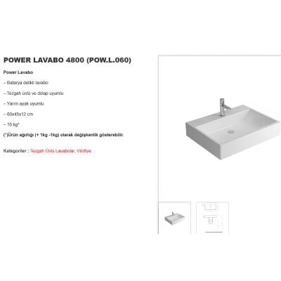 Newarc Power Dikdörtgen Batarya Delikli Beyaz Lavabo 60x46 Cm 4800 (POW.L060) - 2