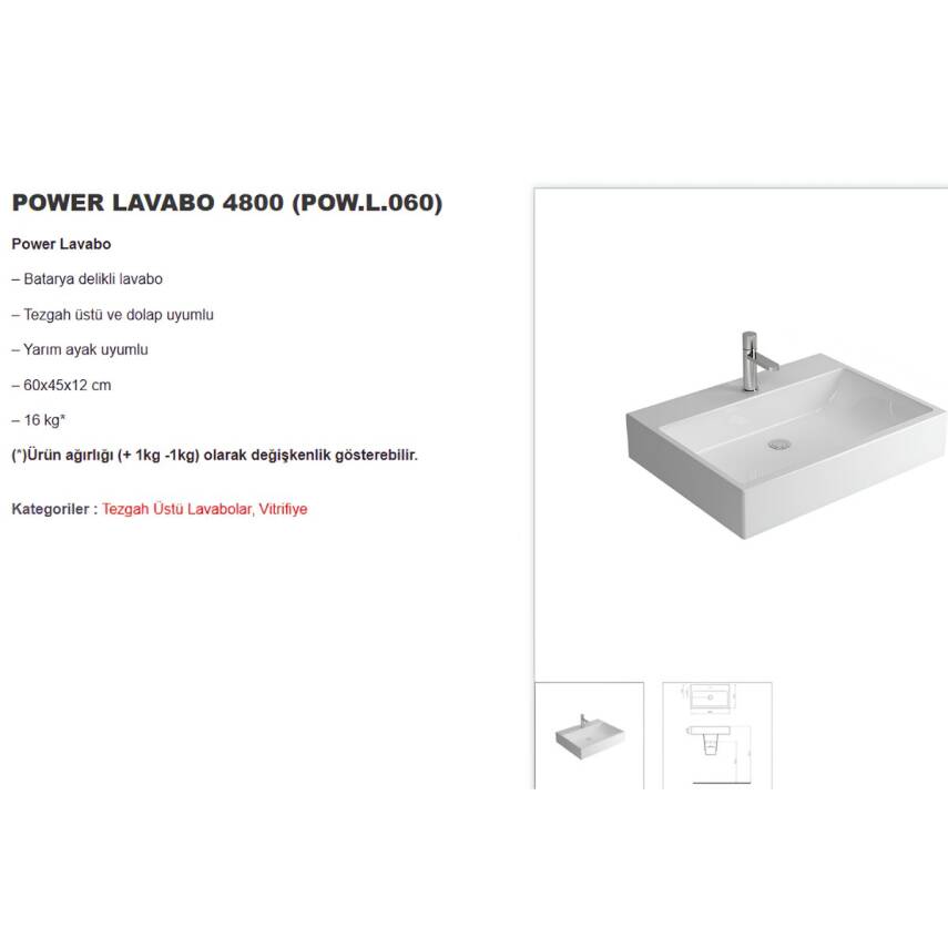 Newarc Power Dikdörtgen Batarya Delikli Beyaz Lavabo 60x46 Cm 4800 (POW.L060) - 2