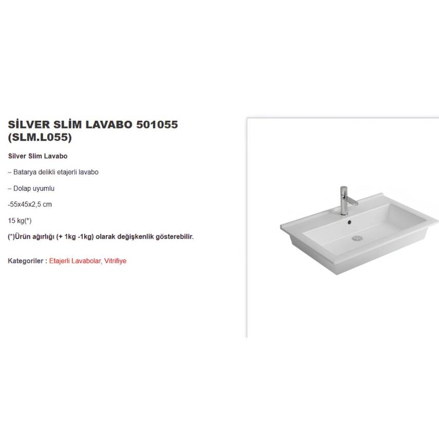 Newarc Silver Slim Tezgâh Üstü Batarya Delikli Beyaz Lavabo 55x45 Cm 501055 (SLM.L055) - 2