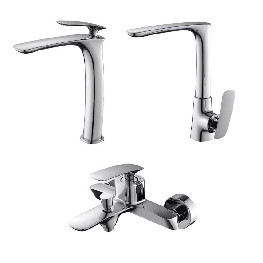 Newarc Slim Krom Çanak Lavabo-Banyo-Eviye Bataryası 3'lü Set 121001-121511-121531 - 1