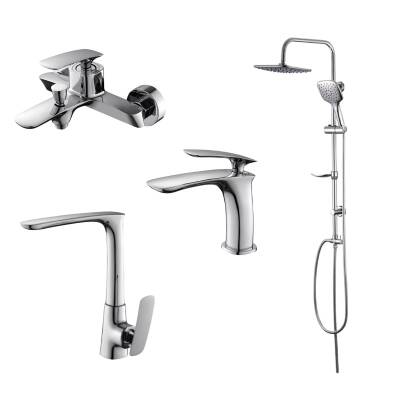 Newarc Slim Krom Lavabo-Banyo-Eviye Bataryası ve Duş Ünitesi 4'lü Set 121521-121511-121531-121530