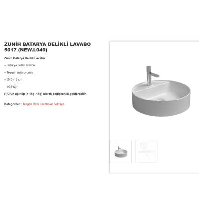 Newarc Zunih Tezgâh Üstü Batarya Delikli Beyaz Lavabo 45x45 Cm 5017 (NEW.L049) - 6