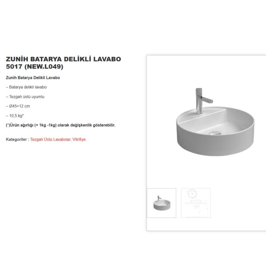 Newarc Zunih Tezgâh Üstü Batarya Delikli Beyaz Lavabo 45x45 Cm 5017 (NEW.L049) - 6