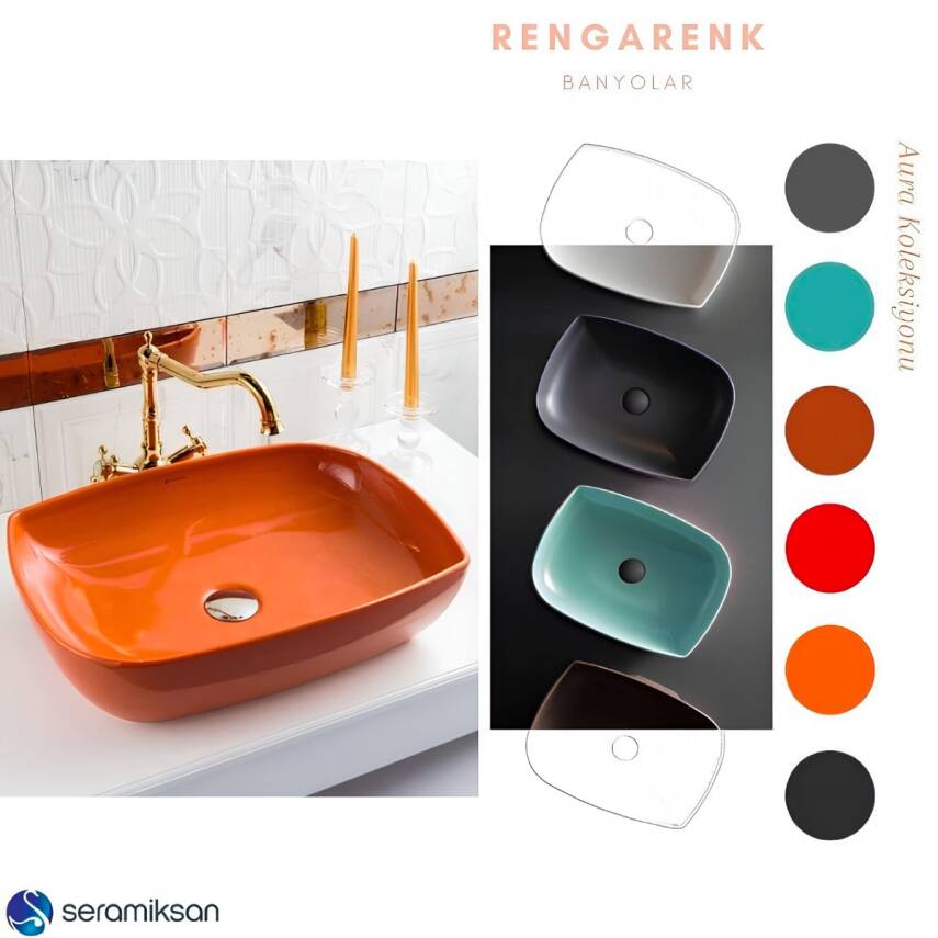 Seramiksan Dies Oval Tezgâh Üstü Batarya Deliksiz Turuncu Lavabo 50x38 Cm A002153H - 3