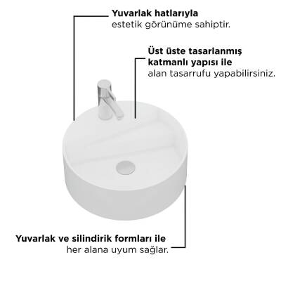 Seramiksan Livello Oval Tezgâh Üstü Batarya Delikli Beyaz Lavabo 42x42 Cm A114010H - 3