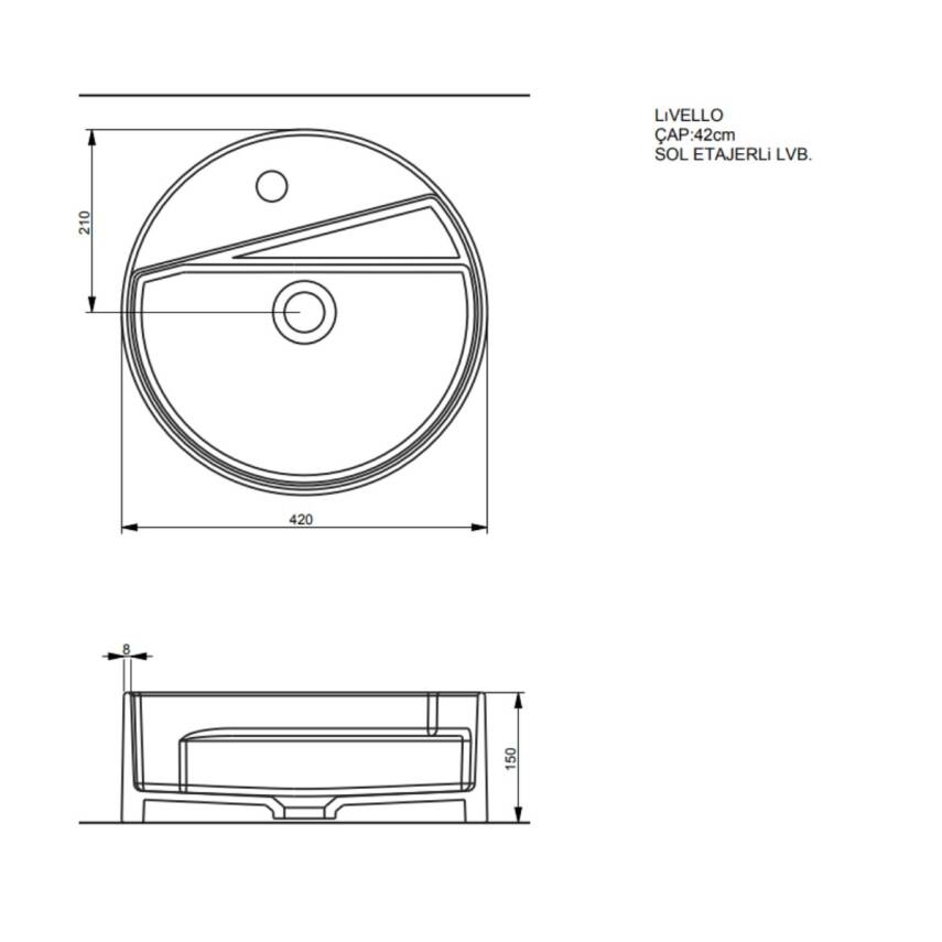 Seramiksan Livello Oval Tezgâh Üstü Batarya Delikli Beyaz Lavabo 42x42 Cm A114010H - 5