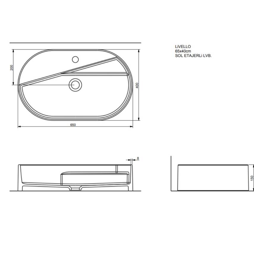 Seramiksan Livello Oval Tezgâh Üstü Batarya Delikli Beyaz Lavabo 65x40 Cm A114020H - 5