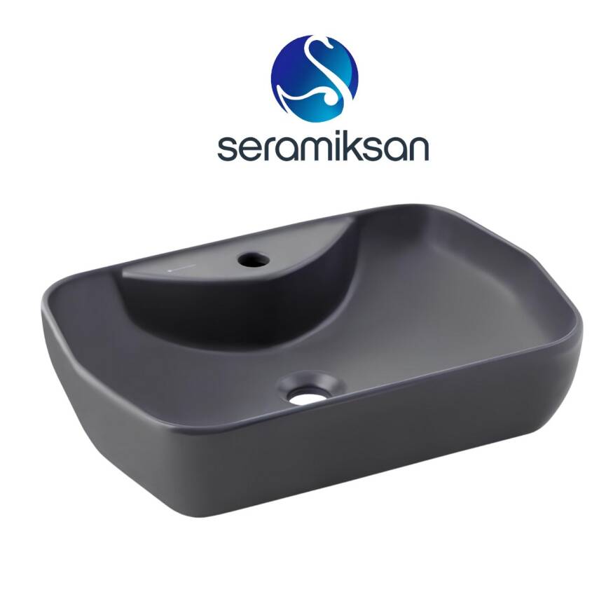 Seramiksan Lucida Oval Tezgâh Üstü Batarya Delikli Mat Antrasit Lavabo 55x38 Cm A002566H - 1
