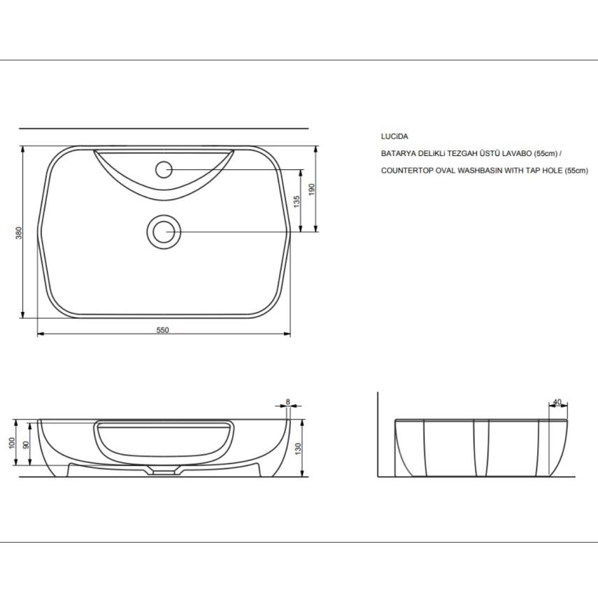 Seramiksan Lucida Oval Tezgâh Üstü Batarya Delikli Mat Antrasit Lavabo 55x38 Cm A002566H - 2