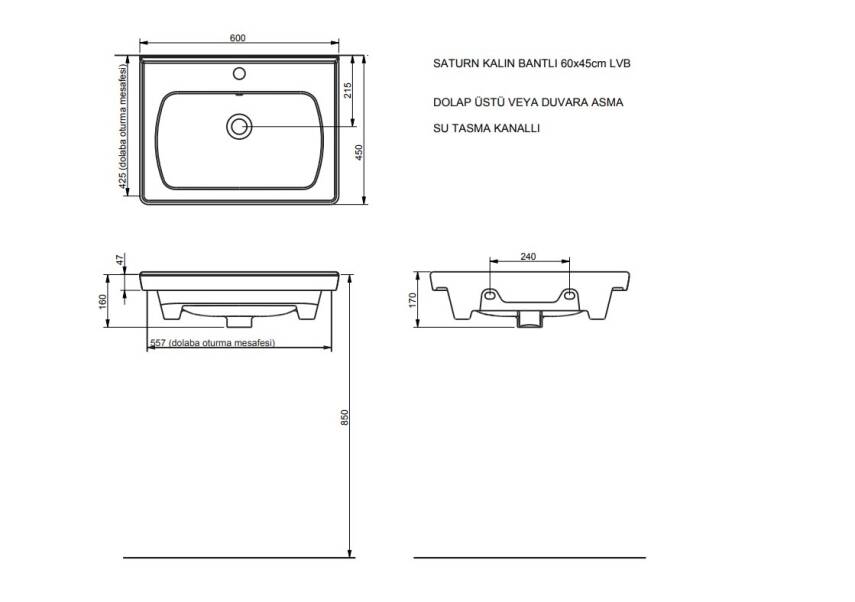 Seramiksan Satürn Etajer Uyumlu Mat Antrasit Lavabo 60x45 Cm A142011H - 2
