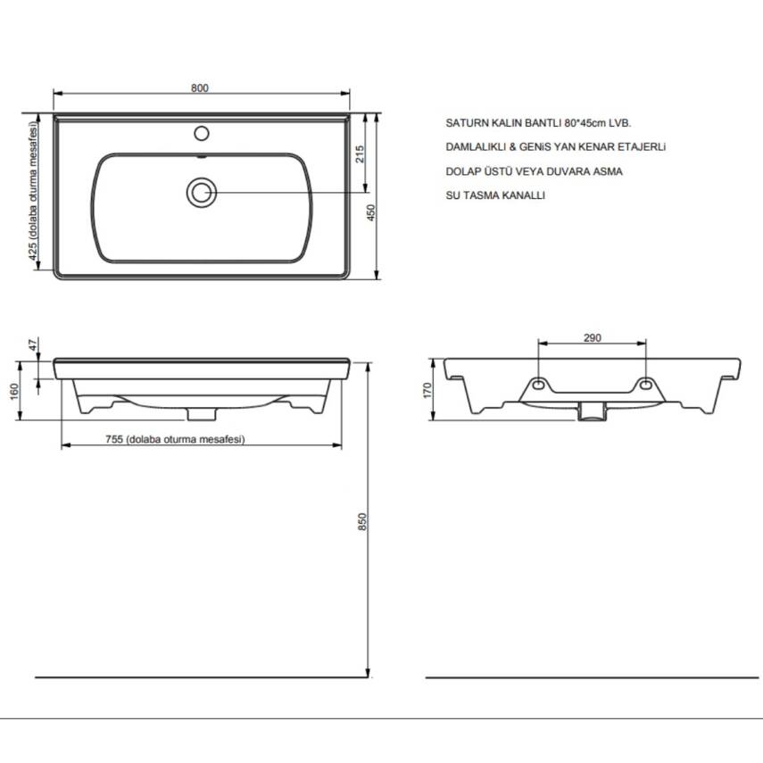Seramiksan Satürn Etajer Uyumlu Mat Antrasit Lavabo 80x45 Cm A142021H - 2