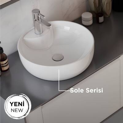 Seramiksan Sole Oval Tezgâh Üstü Beyaz Batarya Delikli Lavabo 42x42 Cm A002843H