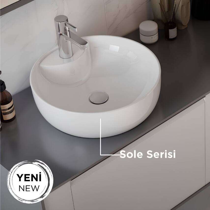Seramiksan Sole Oval Tezgâh Üstü Beyaz Batarya Delikli Lavabo 42x42 Cm A002843H - 1
