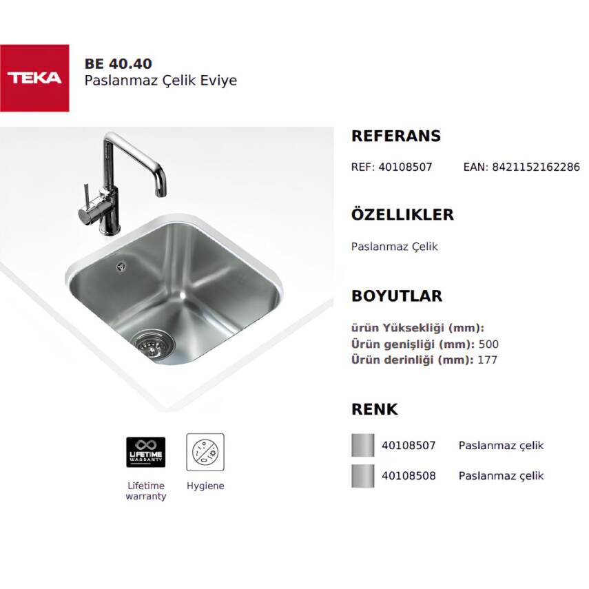 Teka Be 40.40 1B Mikroketen Tezgâh Altı Paslanmaz Çelik Eviye 40108507 - 3