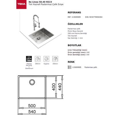 Teka Be Linea RS515 50.40 Tezgâh Altı Paslanmaz Çelik Eviye 115000005 - 2