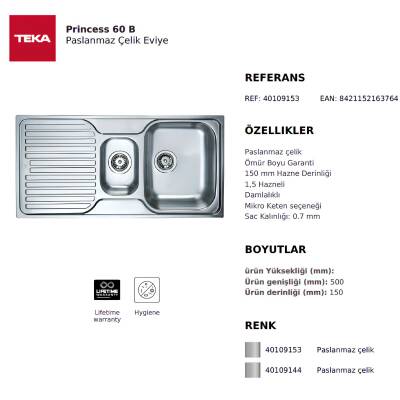 Teka Princess 60 B 1D Sağ Damlalıklı Paslanmaz Çelik Eviye 40109153 - 3