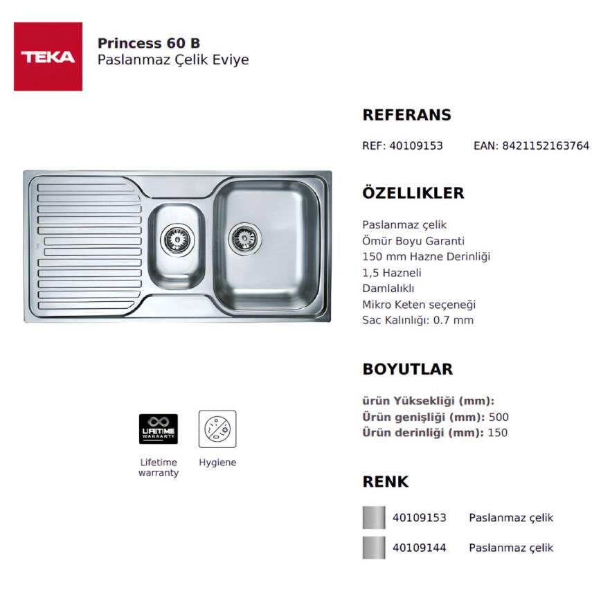 Teka Princess 60 B 1D Sağ Damlalıklı Paslanmaz Çelik Eviye 40109153 - 3