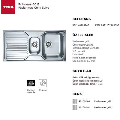 Teka Princess 60 B 1D Sol Damlalıklı Paslanmaz Çelik Eviye 40109146 - 3