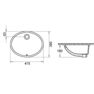 Turavit Hilton Oval Tezgâh Altı Batarya Deliksiz Beyaz Lavabo 37x47 Cm 5017 - 5