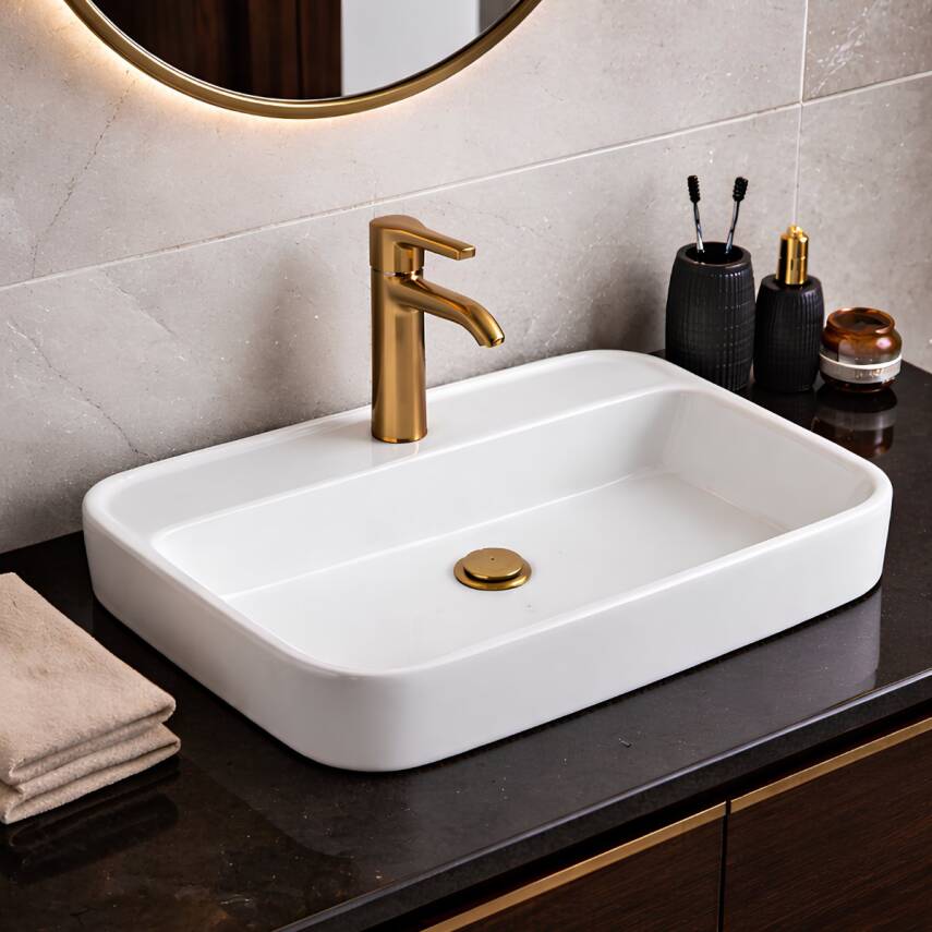 Turavit Loft Dikdörtgen Tezgâh Üstü Batarya Delikli Beyaz Lavabo 60x40 Cm LFT0710 - 1