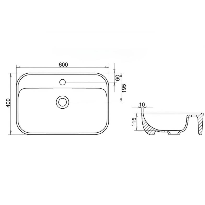 Turavit Loft Dikdörtgen Tezgâh Üstü Batarya Delikli Beyaz Lavabo 60x40 Cm LFT0710 - 5