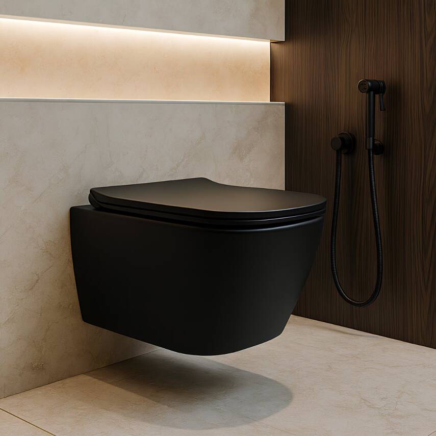 Turavit Luna Kanalsız Mat Siyah Asma Klozet LN5610S, Luna Mat Siyah Duroplast Yavaş Kapak - 1