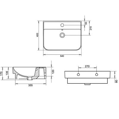 Turavit Luna Tezgâh Üstü Batarya Delikli Beyaz Lavabo 55x39 Cm LN5601 - 3