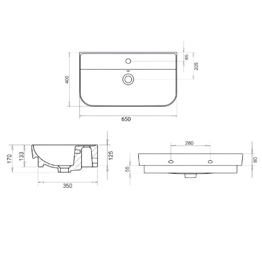 Turavit Luna Tezgâh Üstü Batarya Delikli Beyaz Lavabo Slim 65x40 Cm LN5603 - 4