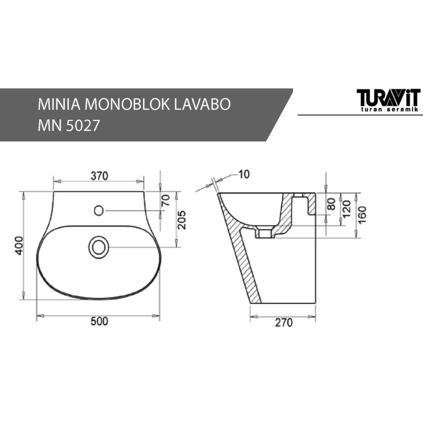 Turavit Minia Monoblok Batarya Delikli Beyaz Lavabo MN5027 - 3