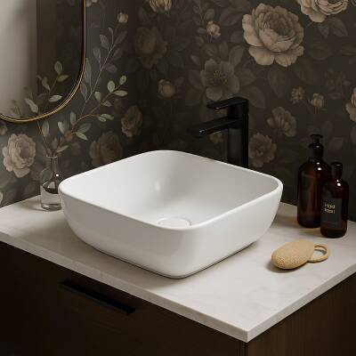 Turavit Porto Kare Tezgâh Üstü Batarya Deliksiz Çanak Beyaz Kare Lavabo 40x40 Cm PRT0708 - 2