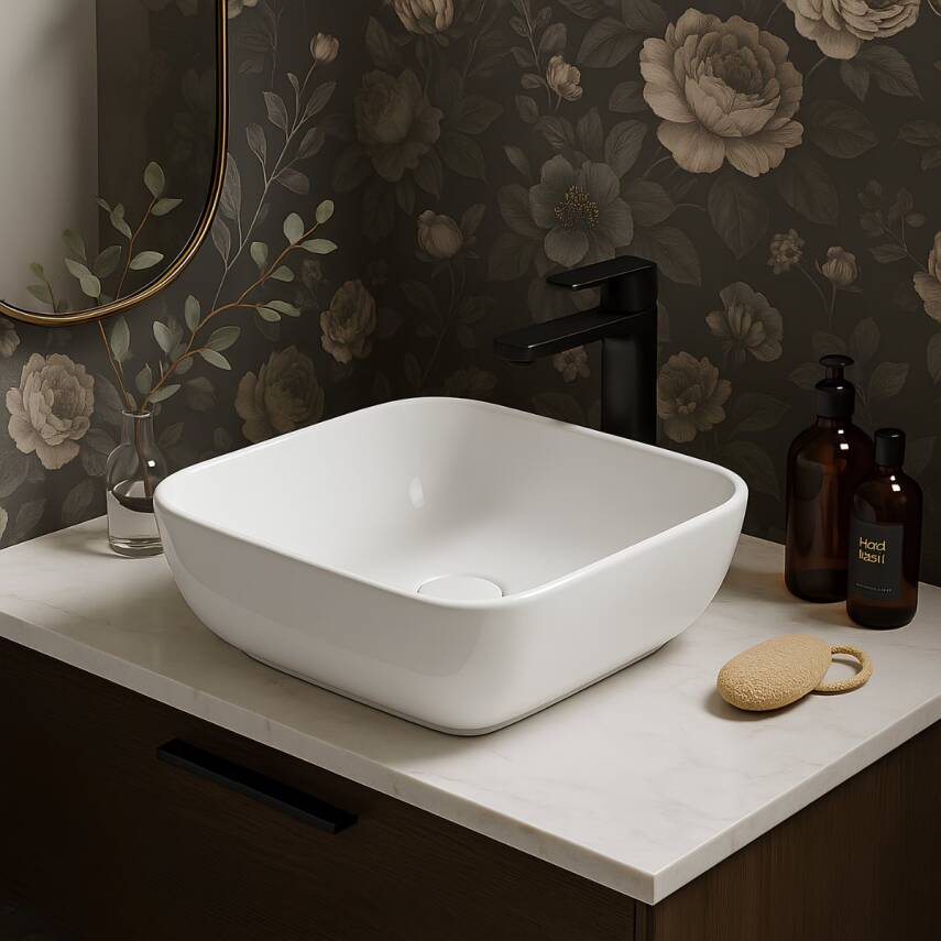 Turavit Porto Kare Tezgâh Üstü Batarya Deliksiz Çanak Beyaz Kare Lavabo 40x40 Cm PRT0708 - 2