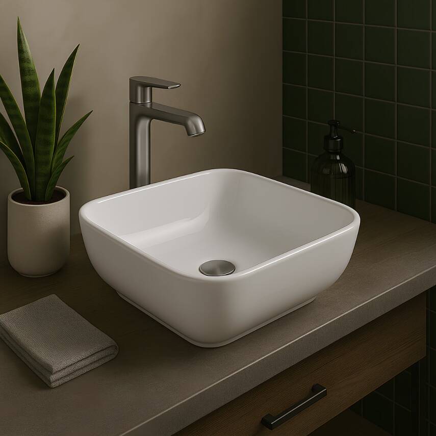 Turavit Porto Kare Tezgâh Üstü Batarya Deliksiz Çanak Beyaz Kare Lavabo 40x40 Cm PRT0708 - 4