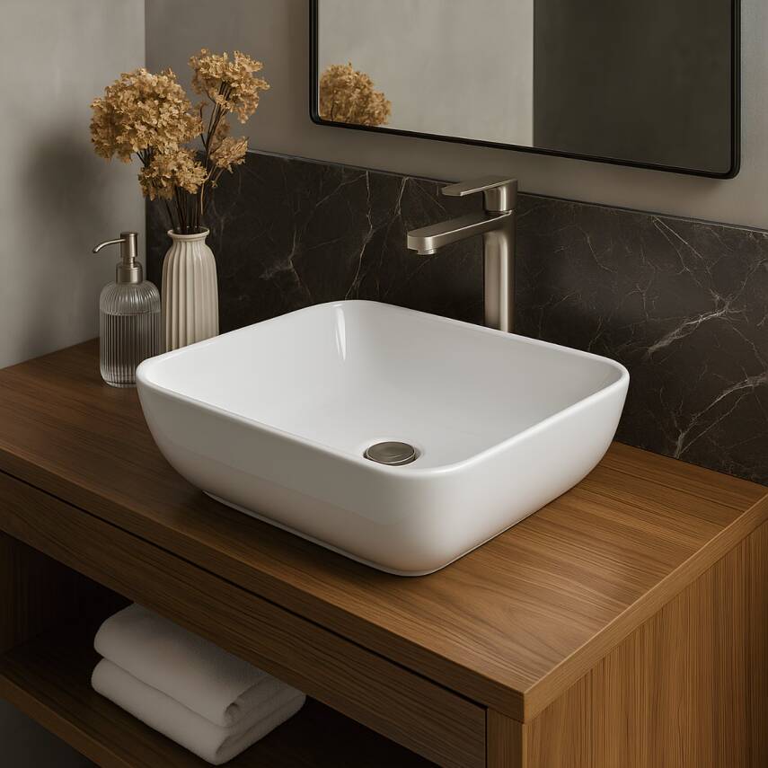 Turavit Porto Kare Tezgâh Üstü Batarya Deliksiz Çanak Beyaz Kare Lavabo 40x40 Cm PRT0708 - 6