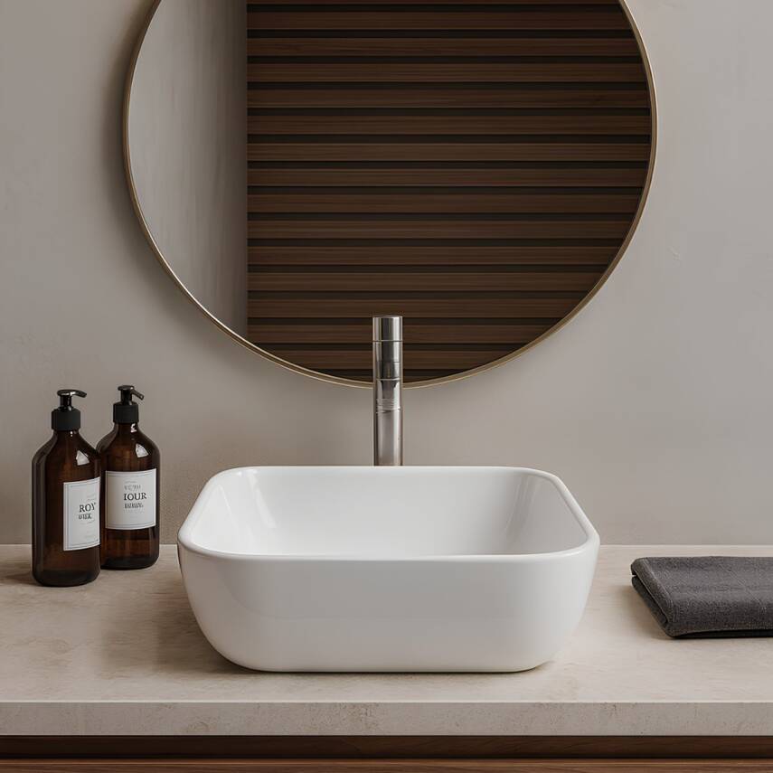 Turavit Porto Kare Tezgâh Üstü Batarya Deliksiz Çanak Beyaz Kare Lavabo 40x40 Cm PRT0708 - 7