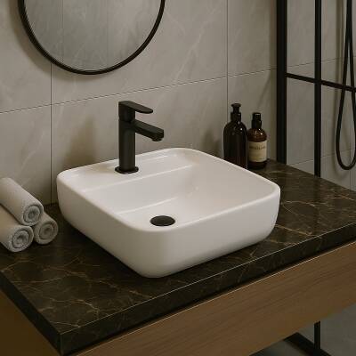 Turavit Portomix Kare Tezgâh Üstü Batarya Delikli Beyaz Lavabo 40x40 Cm PRT0711
