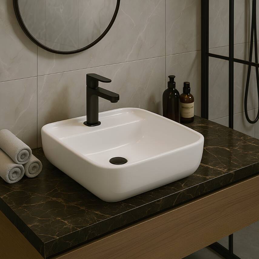 Turavit Portomix Kare Tezgâh Üstü Batarya Delikli Beyaz Lavabo 40x40 Cm PRT0711 - 1
