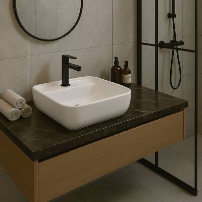 Turavit Portomix Kare Tezgâh Üstü Batarya Delikli Beyaz Lavabo 40x40 Cm PRT0711 - 2